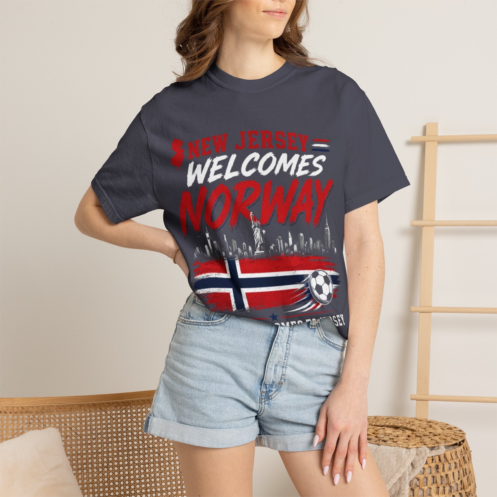 New Jersey Welcomes Norway T-Shirt | Norway Flag Soccer Jersey Skyline