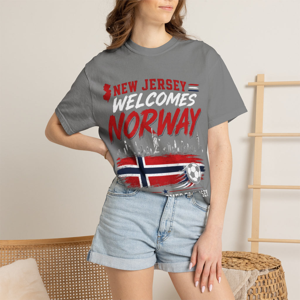 New Jersey Welcomes Norway T-Shirt | Norway Flag Soccer Jersey Skyline