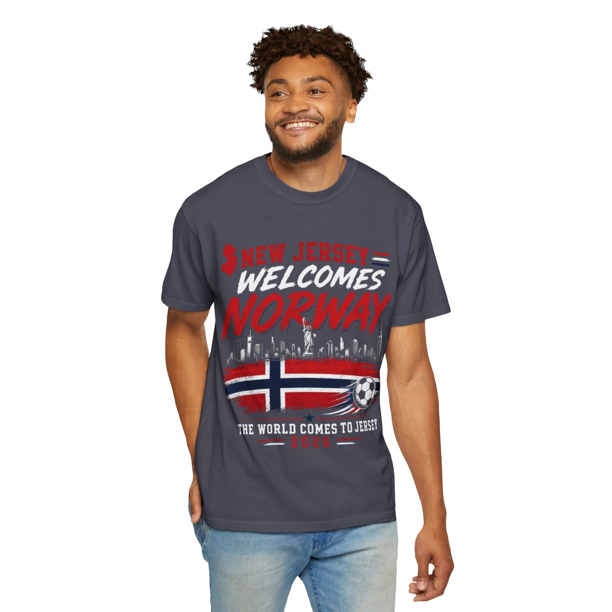 New Jersey Welcomes Norway T-Shirt | Norway Flag Soccer Jersey Skyline