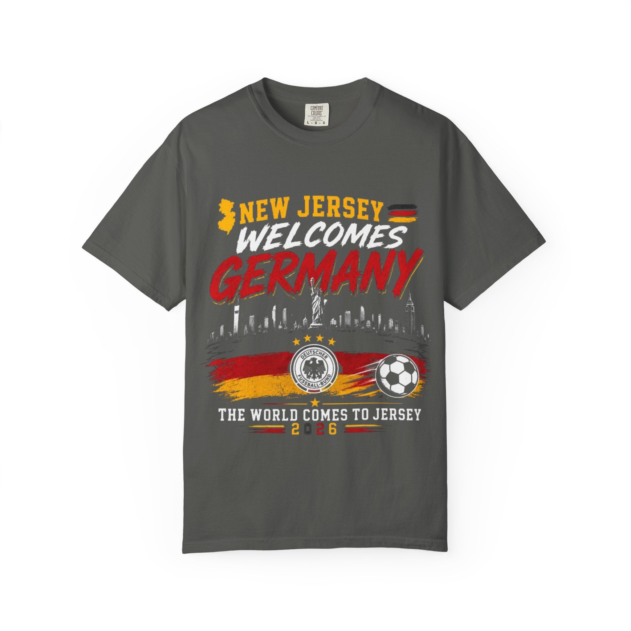 New Jersey Welcomes Germany T-Shirt | Soccer Flag Skyline Design