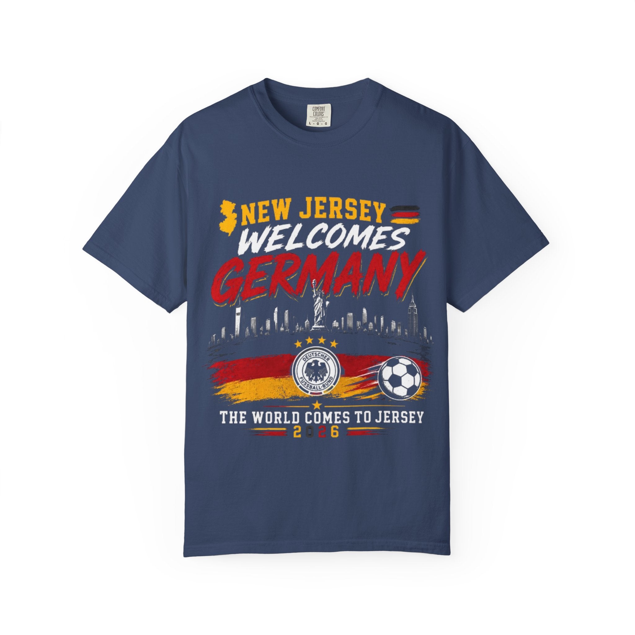 New Jersey Welcomes Germany T-Shirt | Soccer Flag Skyline Design