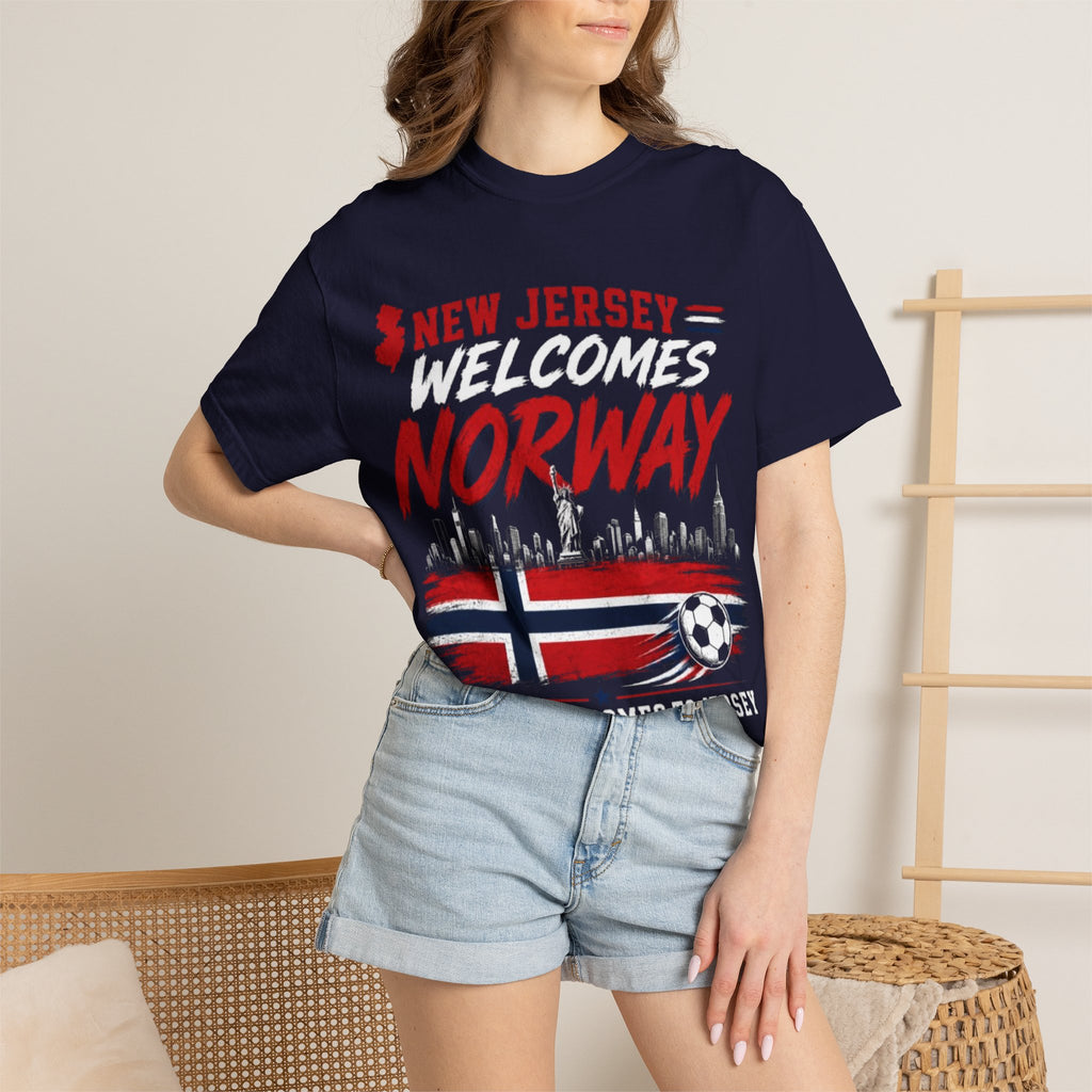 New Jersey Welcomes Norway T-Shirt | Norway Flag Soccer Jersey Skyline
