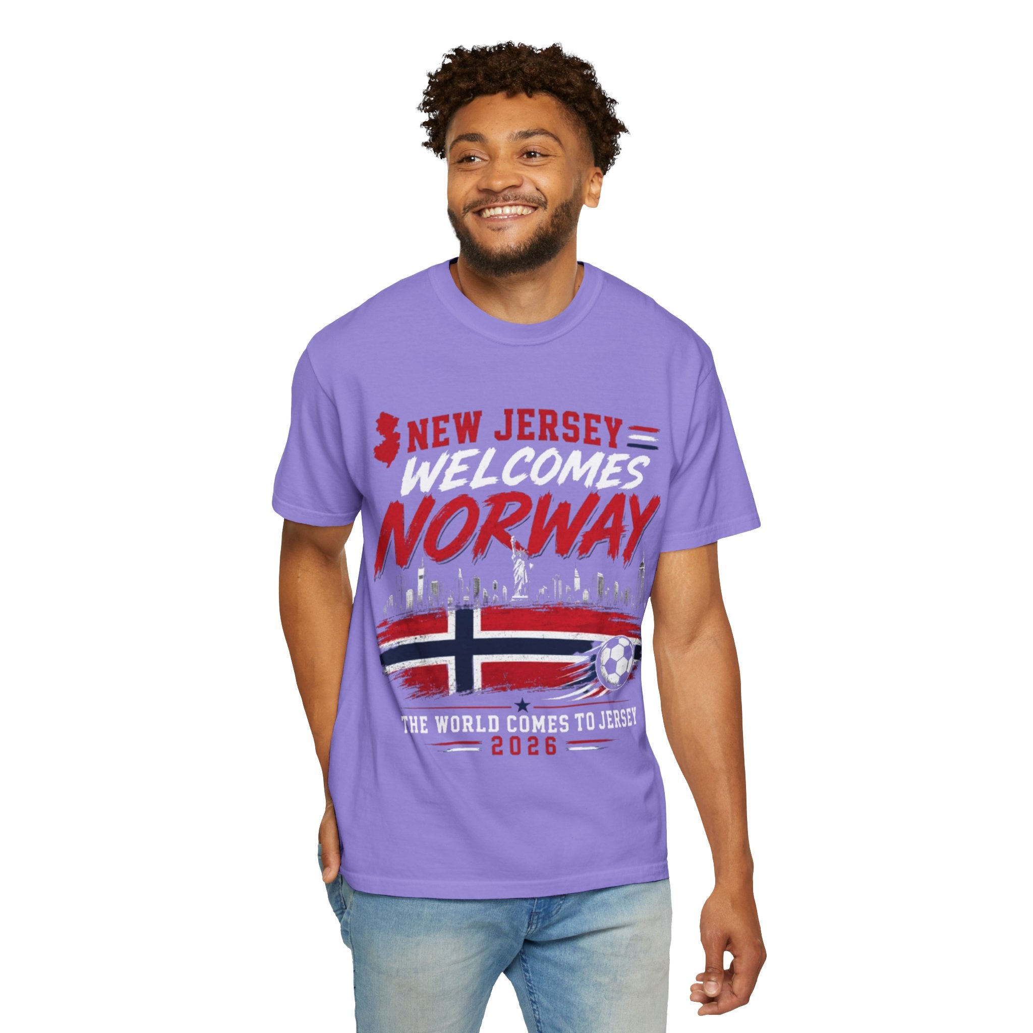 New Jersey Welcomes Norway T-Shirt | Norway Flag Soccer Jersey Skyline
